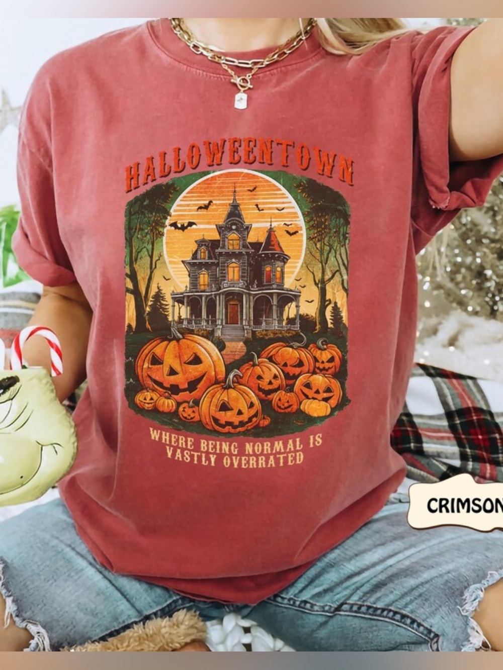 Comfort Crimson Halloween Town Tee, Vintage Haunted House and Pumpkin at- Shirt